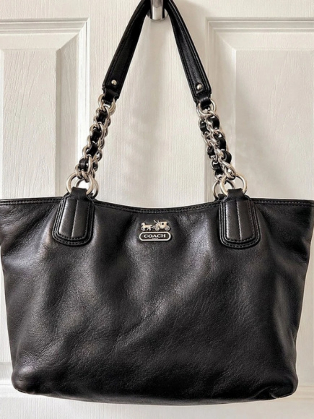 Coach Madison East West Black Leather Chain Handle Tote